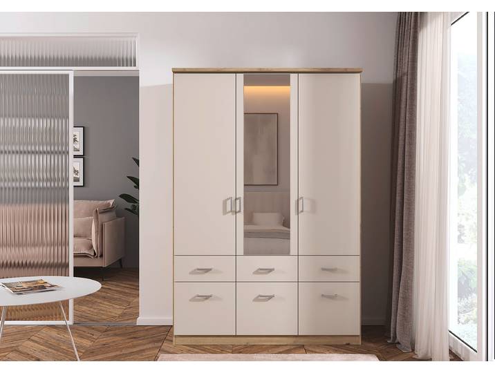 Drehtüren-/Kombischrank Bremen 136cm Holz/Beige/Kaschmir/Eiche Artisan Dekor mit Spiegeltür/-en