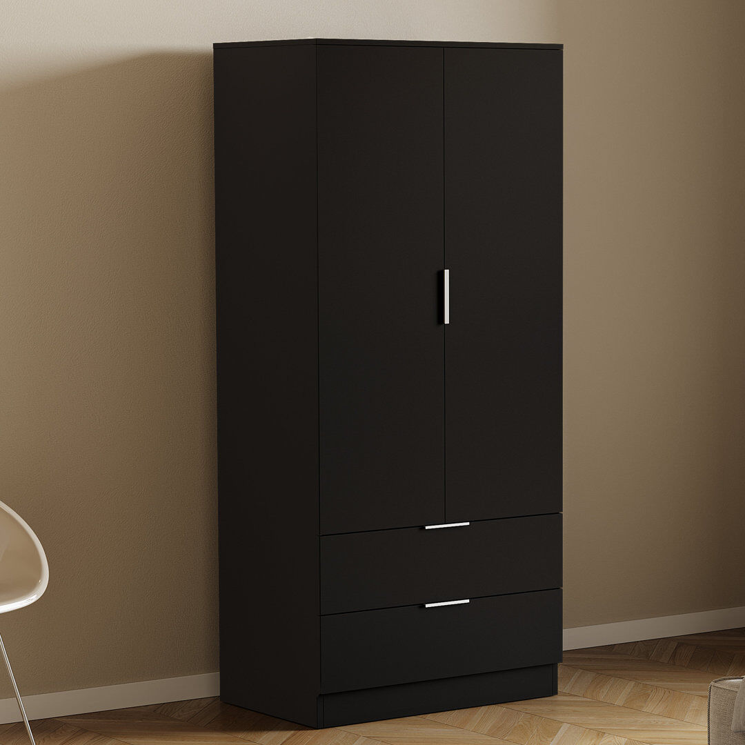 17 Stories 2 Door 2 Drawer Wardrobe Modern Bedroom Storage Solution for Clothes and Accessories Black 170cm H X 76cm W X 53cm D