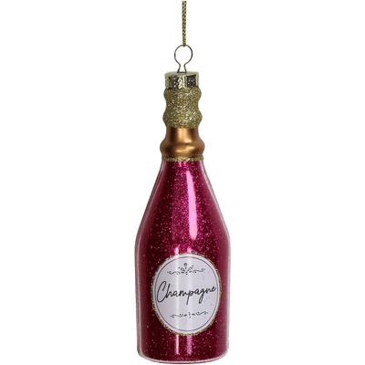 Christbaumschmuck Glas 12,2cm Champagnerflasche Figur Handbemalt & mit Glitzer Weihnachtsbaum Anhänger Weihnachten Weihnachtsbaumschmuck Alkohol Pink