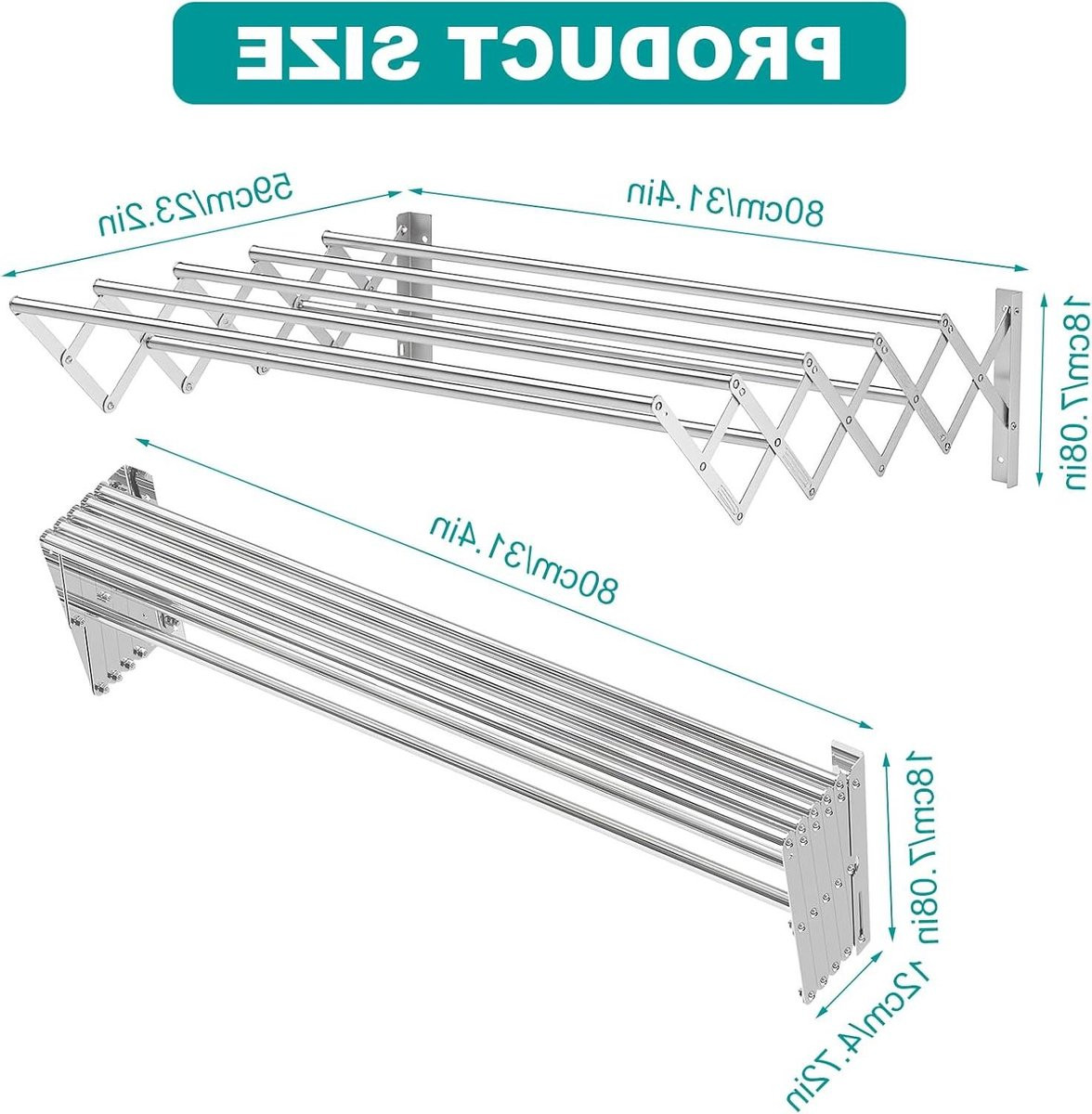 Uitschuibaar wasrek in roestvrij staal voor badkamer of balkon, breedte: 43-80 cm, zilver