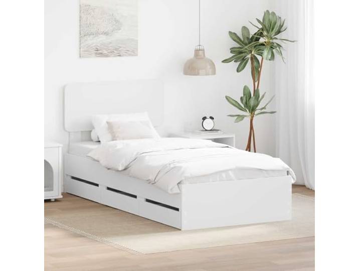 RJPLMFV Bettgestell mit Schublade, Weiß, 100 x 200 cm, Holz Verstellbares Kopfteil, feste Latten, versteckte Aufbewahrung, einfache Wartung