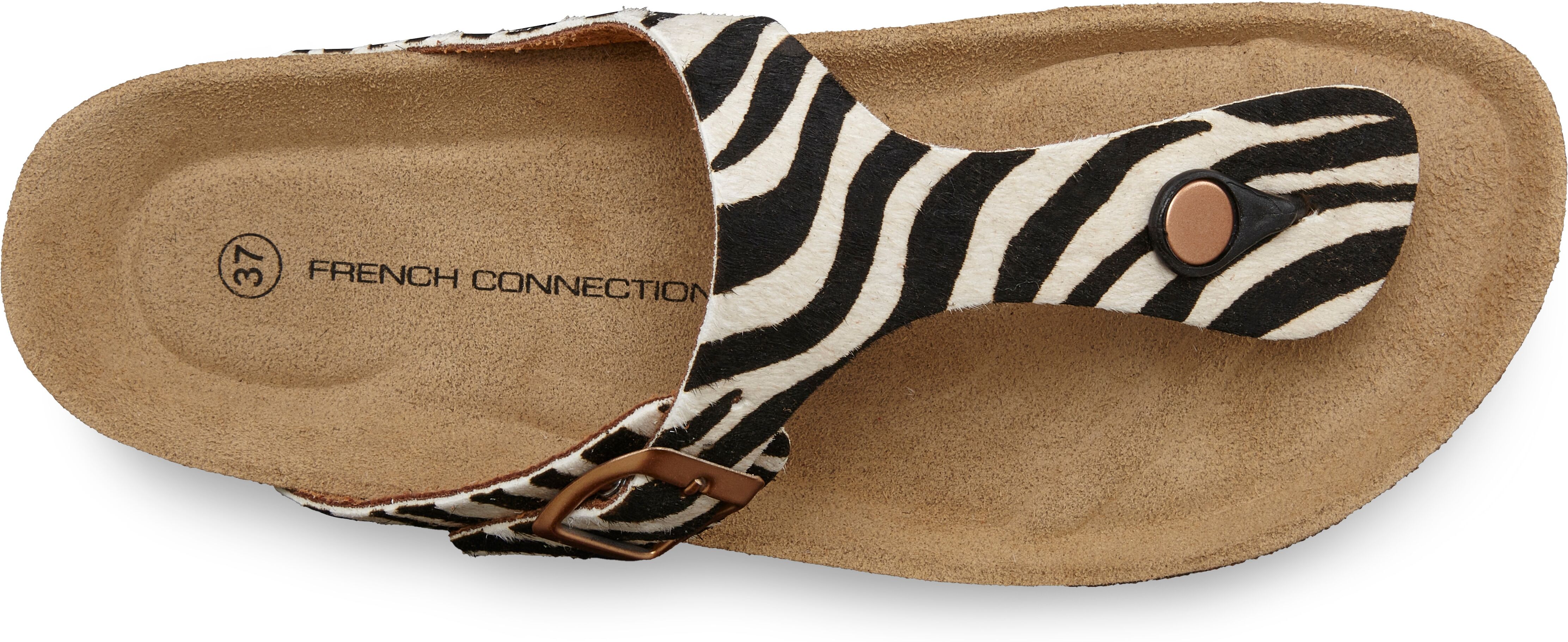 Pantolette FRENCH CONNECTION "Sandale, Mule, offener Schuhe, Sommerschuhe", Damen, Gr. 36, schwarz-weiss (schwarz, weiß), Obermaterial: 100% Rindsleder. Decksohle: 100% Rindsleder. Futter: 100% Rindsleder. Laufsohle: 100% Synthetik, Schuhe Pantolette, NEU