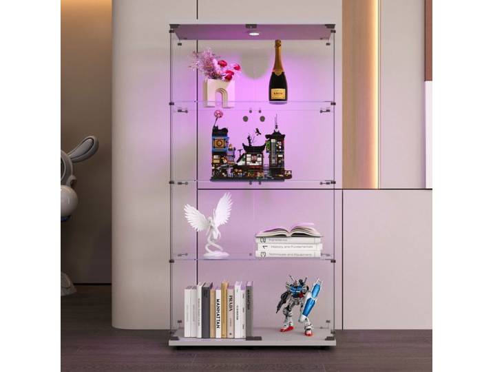Vitrine en Verre Led Vitrine de collection avec serrure 2 portes 4 étages Armoire de Collection Salon Vitrine sur pied Blanc
