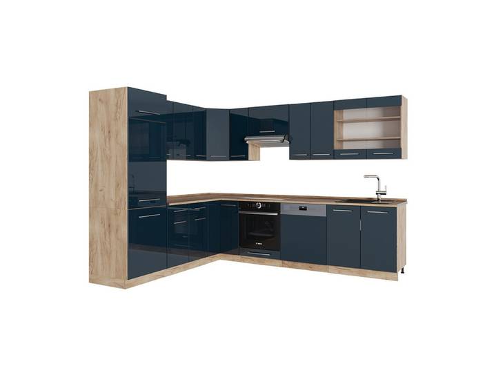 Vicco Winkelküche Fame-Line, Dunkelblau Hochglanz/Goldkraft Eiche, 287 x 227 cm, AP E...