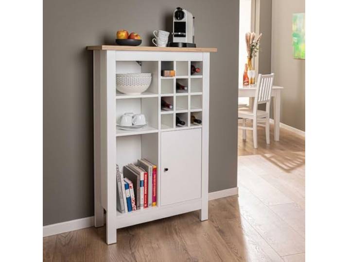 Inter Link- Sideboard für 12 Flaschen mit 3 Regalböden und 1 Tür – Weinschranck - Highboard - Küchenschrank - Buffetschrank – für Weinlagerung - Artisan Eiche Weiß - Julina