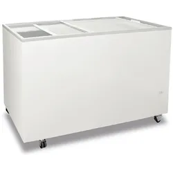 KLIMAITALIA Truhe-Gefrierschrank mit flachem Schiebeglas, Innenfläche gehämmertes Aluminium, Isolierung 60 mm, -13°C/-23°C. FR400PFFK
