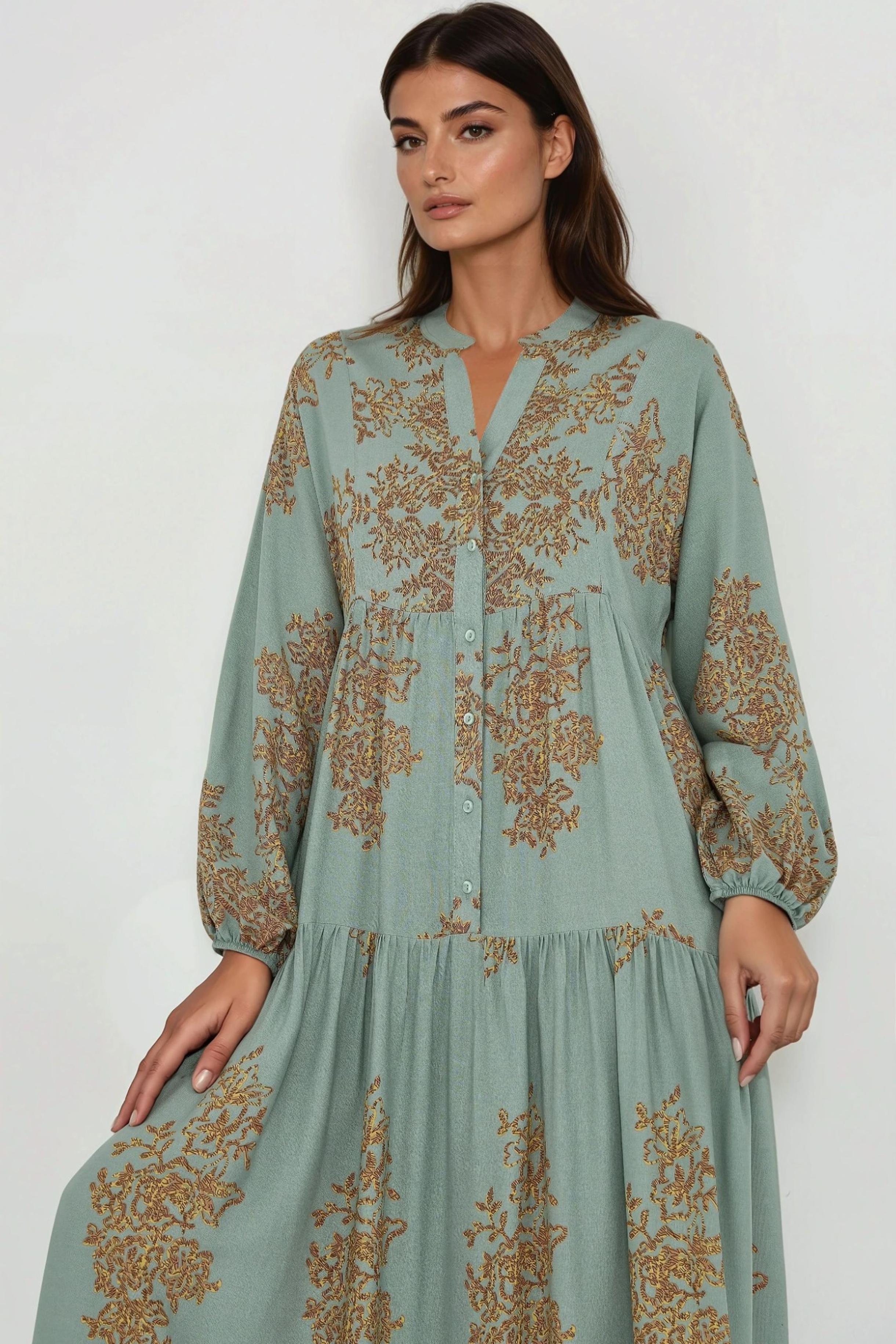 Bedrucktes Viscon Maxi-Kleid mit Hemdkragen