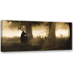 BILD AUF LEINWAND Hirsche im Nebel 90x30cm
