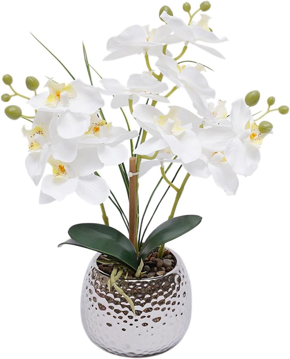Witte Zijden Orchidee Kunstplant met Keramische Pot 39 cm