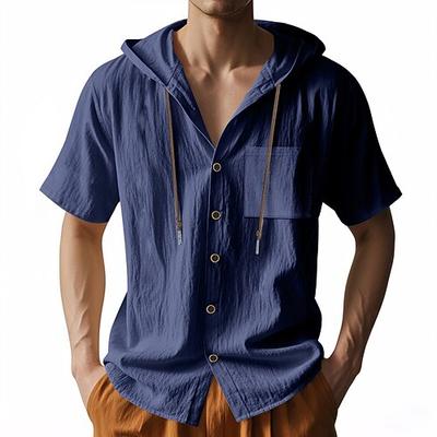 Herren Hemd Freizeithemd Knopfhemd Baumwollhemd Einfach Urlaub Straße Schwarz Weiß Hellgrün Dunkelmarine Kurzarm Mit Kapuze Sommer Bekleidung Button-Down