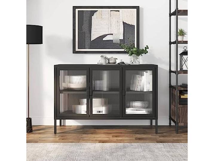 SDWEHO7 Modern Sideboard mit Glastüren, Metall Vitrine Schrank Kommode Mehrzweckschrank Vitrinenschrank Beistellschrank Standschrank für Wohnzimmer, Schwarz 105x35x70 cm
