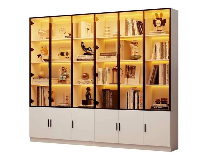 Grande vitrine blanche armoire haute 12 portes avec éclairage LED contrôlable par app MDF et verre 240x32x200 cm
