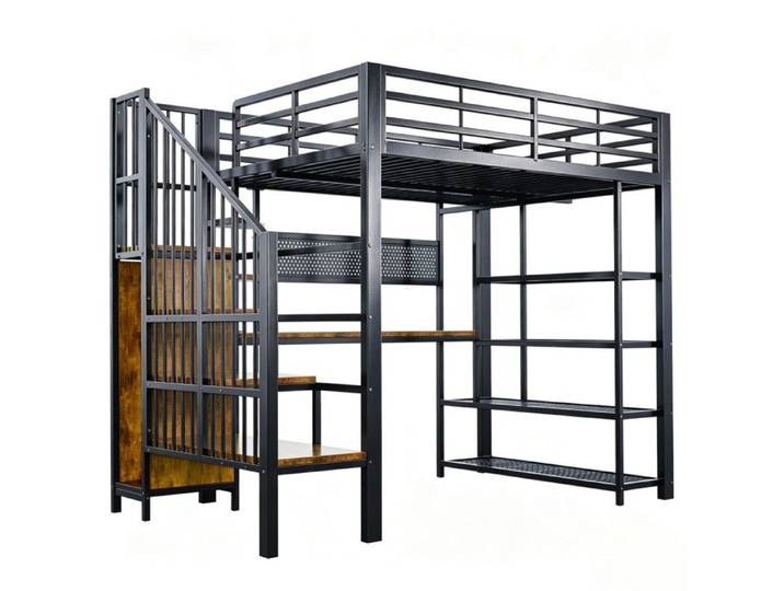 Lit mezzanine fer forgé 140x200 noir bureau perforé étagère triangulaire rangements rambarde haute LED prises EU sans matelas
