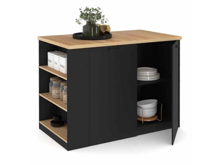 IDMarket - Mittelinsel TIBO 120 cm schwarzes Holz mit Arbeitsplatte in Buchenholzoptik