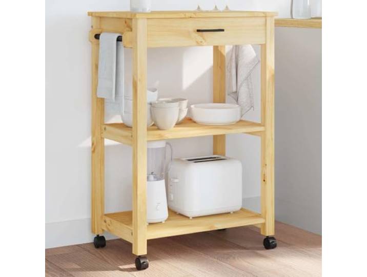 GKDERWTYG Küchenwagen Monza 60x40x88,5 cm Massivholz Kiefer mit Schublade Vintage Design, robustes Kiefernholz, 2 feststellbare Rollen, Schublade und Ablagen, flexible Nutzung