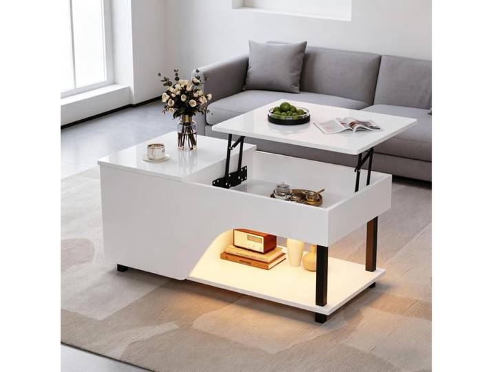 Table basse relevable blanche IVMEU 50 x 100 x 46 cm rangement caché plateau brillant pieds métalliques