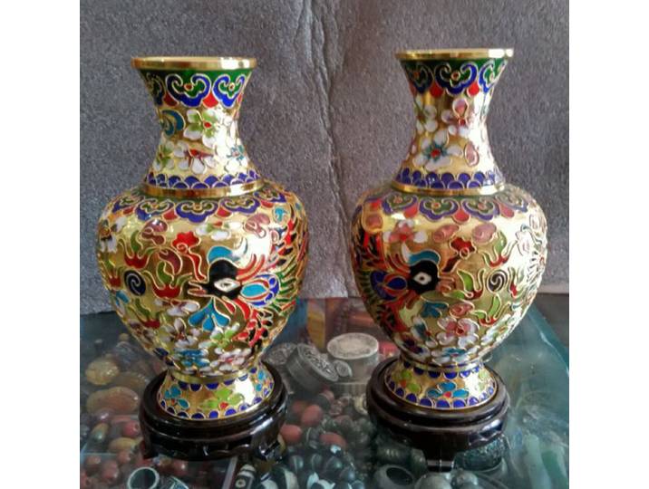 Vase chinois en cloisonné renforcé, une paire de dragons et phénix, 7.88 po