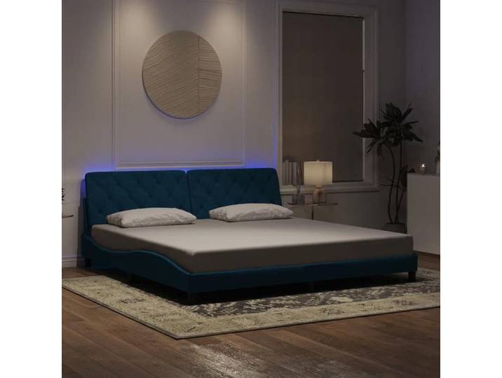 BONNIE®Lit en velours Lit double:200x200 cm Cadre de lit avec lumières LED bleu velours neuf57853
