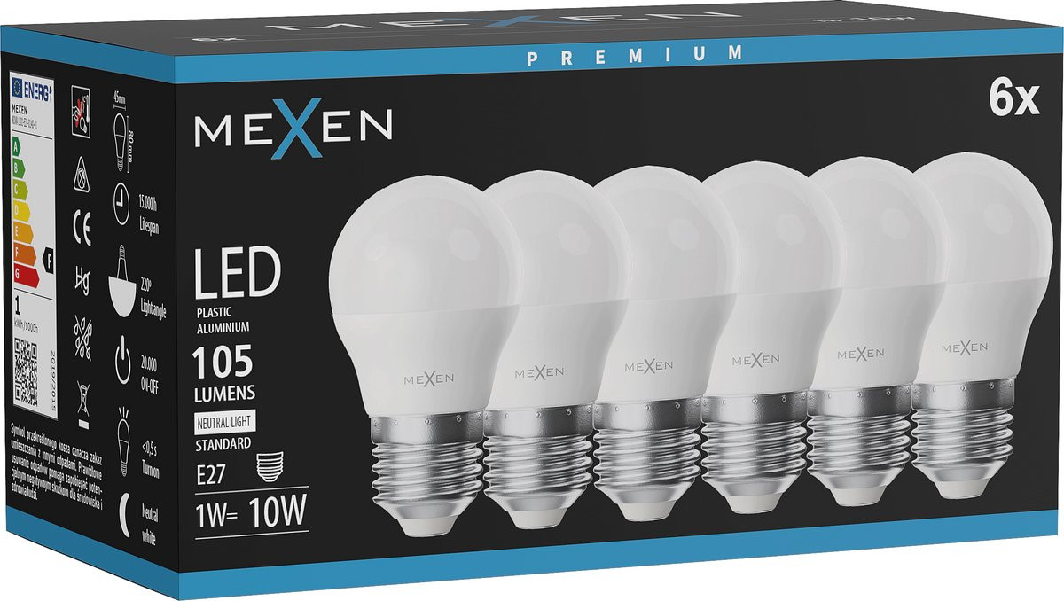 Mexen Nova 6x LED-lamp E27 G45 1W Neutraal 4000K 105 lm