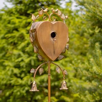 Zaer Ltd "66"" Tall Heart-Shaped Iron Birdhouse Garden Stake ""Sikha"" - 12.75"" L x 8"" W x 66"" H"