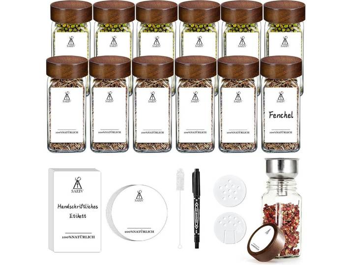 Gewürzgläser 12-teiliges Set mit Holzdeckel 120Ml, Mehrfarbig, Glas, 4.5x10.5x4.5 cm, Küchenzubehör, Vorratsbehälter, Gewürzgläser
