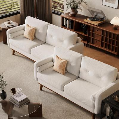 Garvee Set of 2 Beige Linen Loveseat Sofas 65 In Mid Century Modern