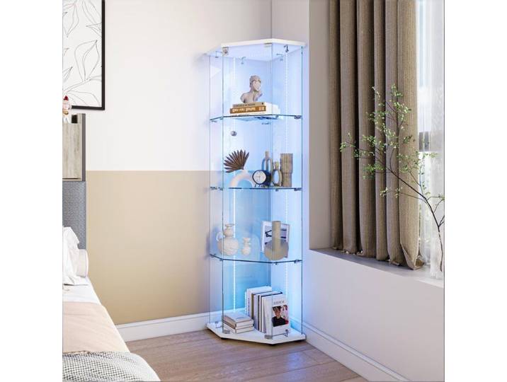 Vitrine en Verre Vitrine Armoire pour Collection avec porte Serrure Bande LED réglable-1 porte-4 étages-Design gain de place-Blanc