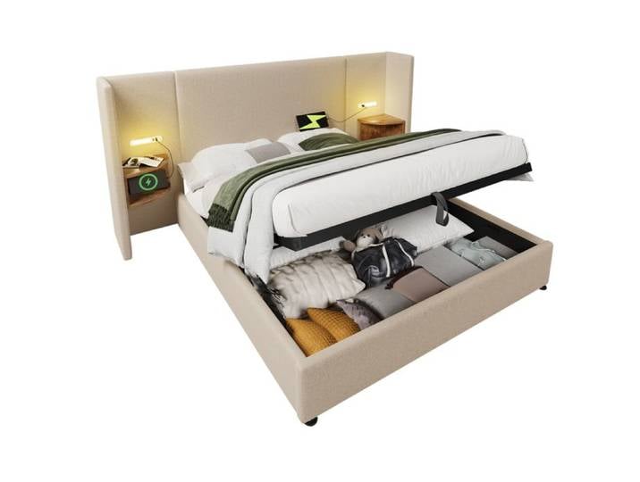 Stauraumbett 180×200 aus Massivholz und Metall mit USB Type-C Nachttisch und Leselampe Farbe Beige