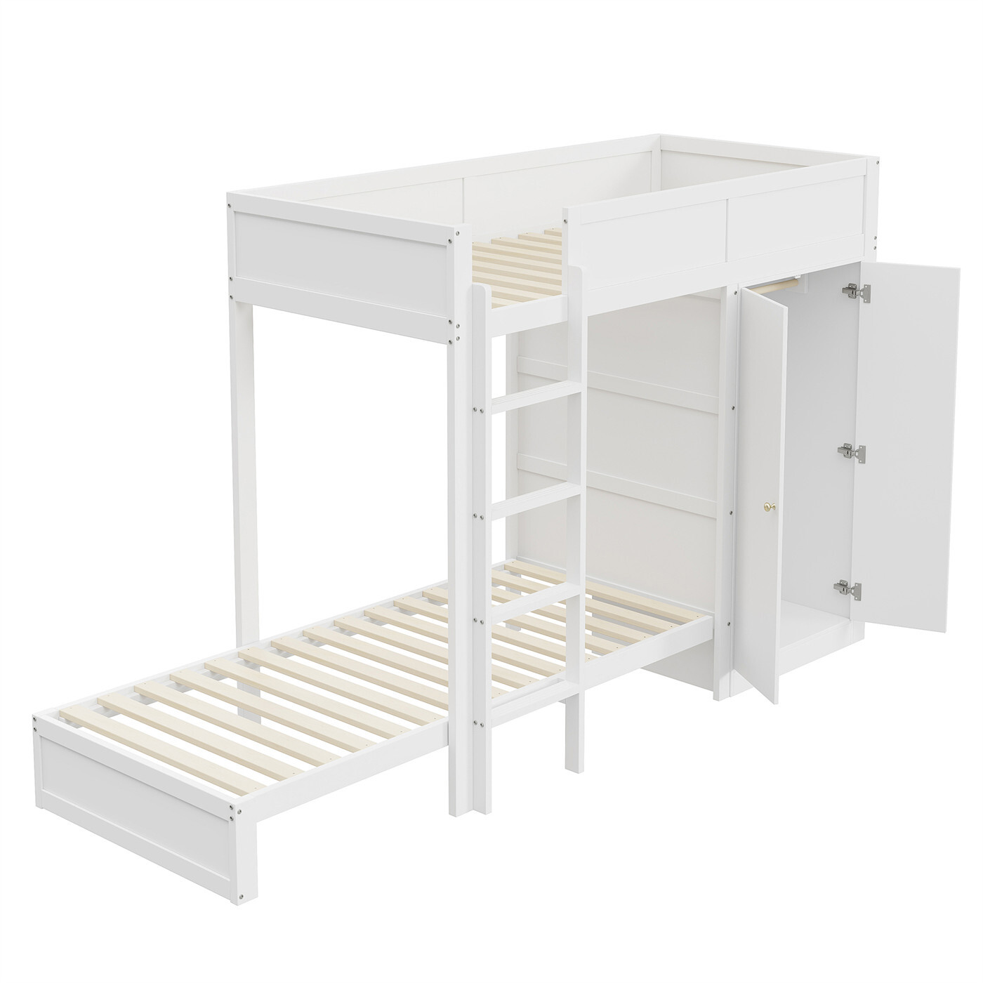 Etagenbett,Kinderbett(weiß)Hochbett,mit vertikaler Sicherheitstreppe,Kleiderschrank,hohes Zaundesign,Lattenrost