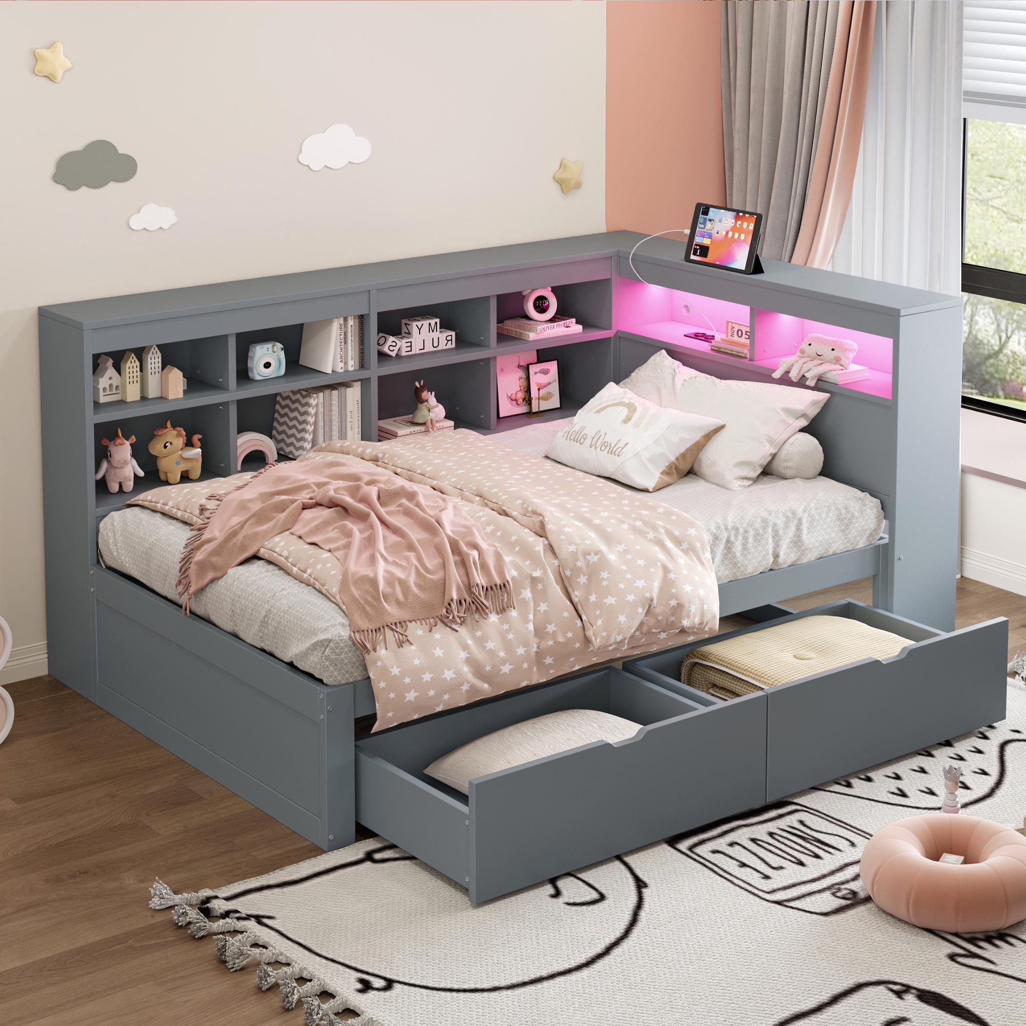 Sofa aus Massivholz, 90 × 200 cm (grau): Fächer/Ablagen (großer Stauraum), USB-Anschluss + Steckdose, LED-Streifen. (Multifunktionales Einzelbett)