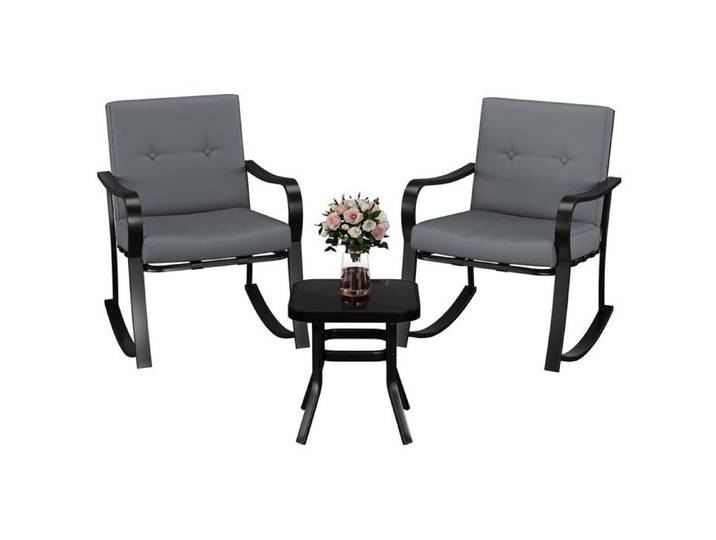 Ensemble de jardin 3 pièces-2 fauteuils à bascule table verre trempé-cadre acier anti-intempéries-coussins lavables gris