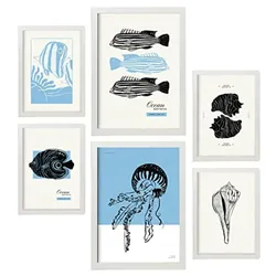 POSTER Set Mit 6 In Schwarzer Tinte Meerestiere Kunstdrucke Von Meer Und Ozean Für Innenarchitektur A3 & A4 Weißer Rahmen