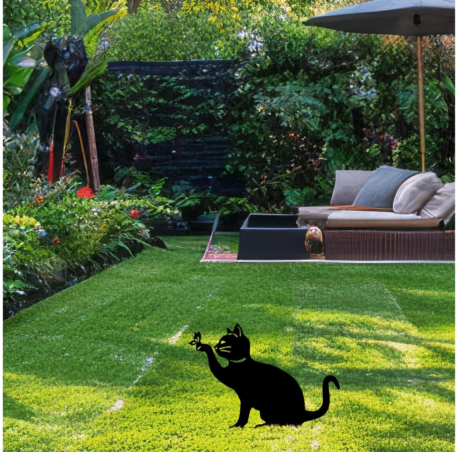 Gartenfigur "Wallxpert Katze mit Schmeterling 36 x 31 cm", schwarz, B:31cm H:36cm, Gartenfiguren, Gartenfigur schwarz B/H/L: 31cm x 36cm