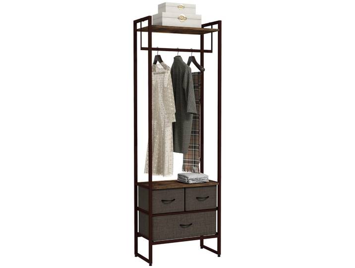 ComfortXL Kleiderständer De-17890 mit 3 Stoffschubladen & Kleiderstange Braun, Metall, 58.5x178x30 cm, Garderobe, Garderobenständer