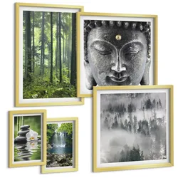 BILDER SET 5er Set - 50x50 cm & 20x30 cm & 40x60 cm Goldrahmen - Harmonie der Natur, Steine, Wasser, Buddha