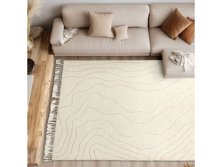 Wollteppich Liora , creme, B:120cm H:20mm L:170cm, Wolle, SCHÖNER WOHNEN-KOLLEKTION, Teppiche, Wollteppich, reine Wolle, Linien, mit Fransen, Ton in Ton, Wohnzimmer