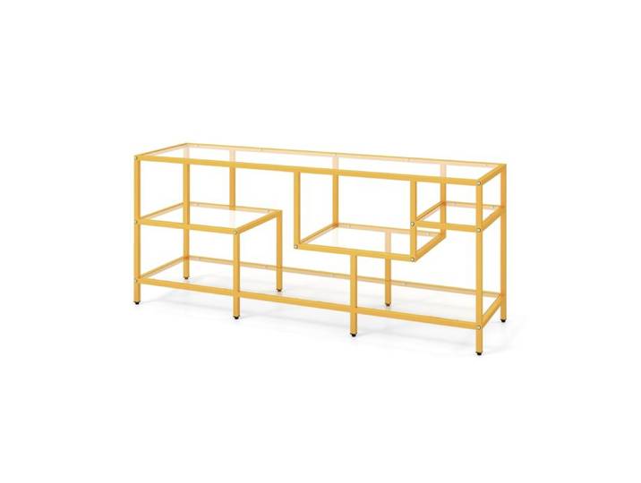 GIANTEX- Meuble TV Moderne- 147x40x62cm- pour TV jusqu'à 65 - 5 Étagères Ouverts en Verre Trempé- Cadre en Métal- Salon Chambre