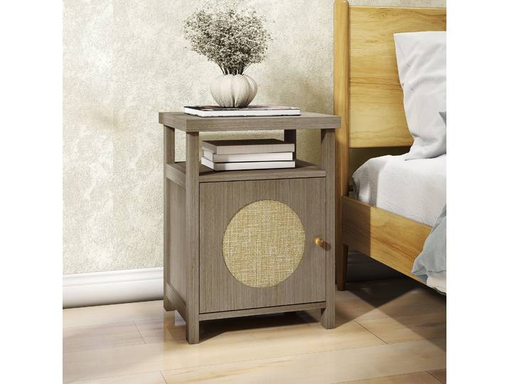 HOMCOM Table de Nuit Bois Rotin 40x35x55cm avec Étagère