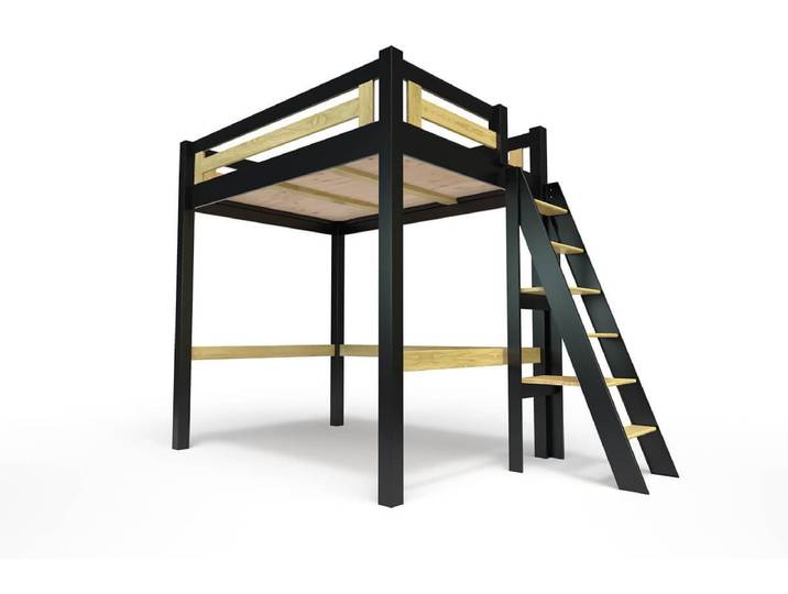 Lit Mezzanine adulte 140x200 bois + échelle hauteur réglable Alpage 140x200 Noir/Miel