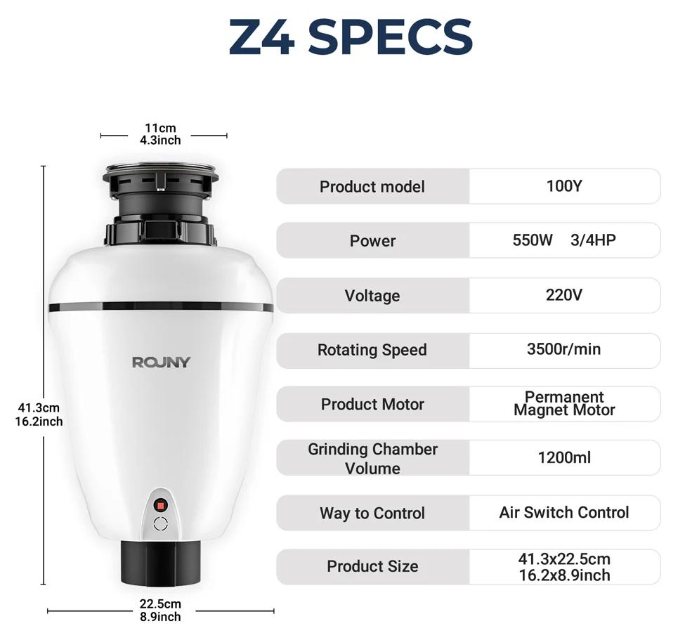Küchenabfallzerkleinerer - Z4 Spülenabfallzerkleinerer - 0,75 PS Motor - 3500 U/min - Dauerbetrieb - 1200 ml Edelstahlschleifkammer - 220-240 V EU-Stecker