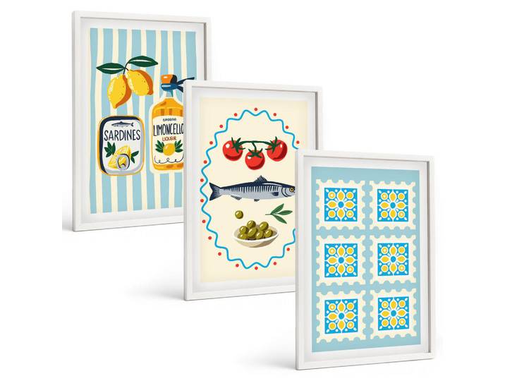 Tulup Bilder SET 3er Set - 40x60 cm Weißer Rahmen - Illustrationen von Küchen im mediterranen Stil, Kunststoff, Rechteckig, 40x60 cm, einfache und schnelle Anbringung, Bilder & Rahmen, Bilder