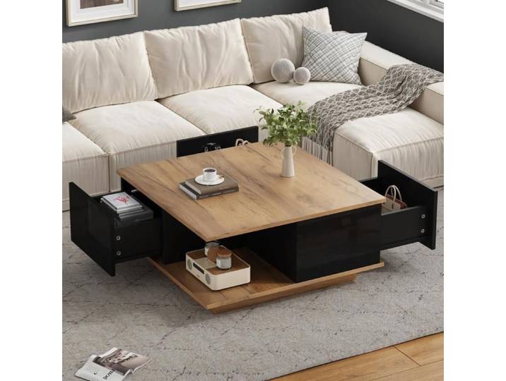 Table Basse Carrée à 2 Niveaux Étagère de Rangement Table Cocktail Carrée Rustique pour Chambre Salon Bureau Bar