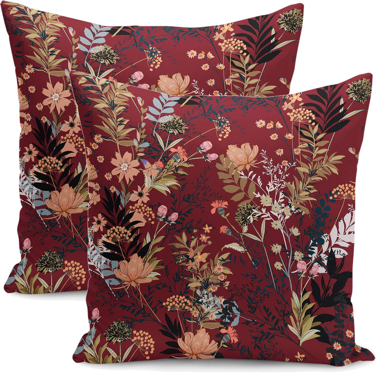 De Groen Home BLOEM Sierkussens set van 2 - Velvet met bloemenprint - Bordeaux - 45 x 45 cm - Inclusief binnenkussens