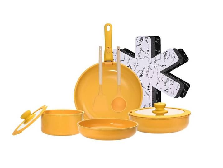 Batterie de cuisine 12 pièces Céramique Revêtement Anti-adhésif Tous Feux Dont Induction Jaune CARREFOUR HOME