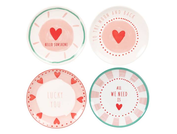 4er Set Teller aus Porzellan mit Herzchen, weiß, grün, rosa und rot