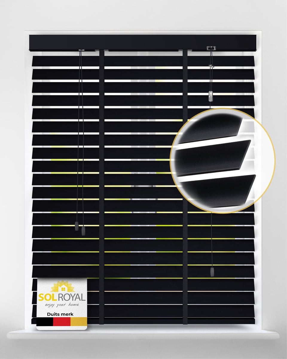 Sol Royal BE5 Houten Jaloezieën Zwart, 50 mm Lamellen, Extra Breed, 90 x 250 cm