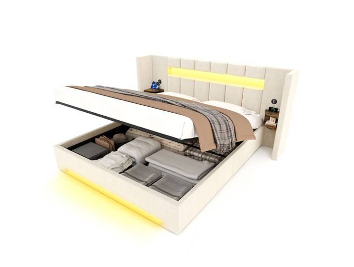 ULEVR Lit coffre 180 x 200 cm en velours beige tête de lit large USB LED relevable hydraulique