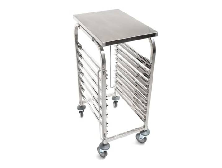 Gastronorm Regalwagen aus Edelstahl für 7 x GN Behälter 1/1 - Belastbarkeit bis 60 kg - beidseitiger Sicherheitsbügel - Feststellbremsen - Tablettwagen, Küchenwagen, Abräumwagen, Rollwagen