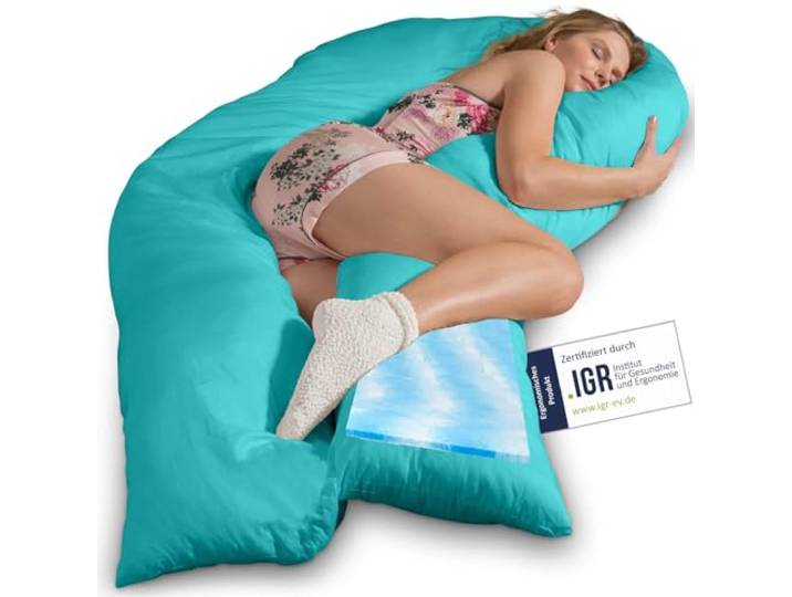 Traumreiter Seitenschläferkissen Visco XXL mit Bezug Baumwolle Türkis, Hybrid Kissen +1cm Memory Foam Schwangerschaftskissen U Form Gel Body Pillow Komfortkissen Ergonomie Zertifiziert