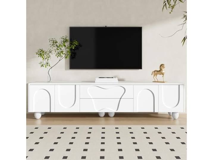 Merax TV-Schrank 180x40x42 cm, mit Naturholzbeinen, minimalistisches Lowboard mit großzügigem Stauraum & Schubladen, Robustes PB-Material, vielseitige Aufbewahrung für Wohnzimmer, Weiß